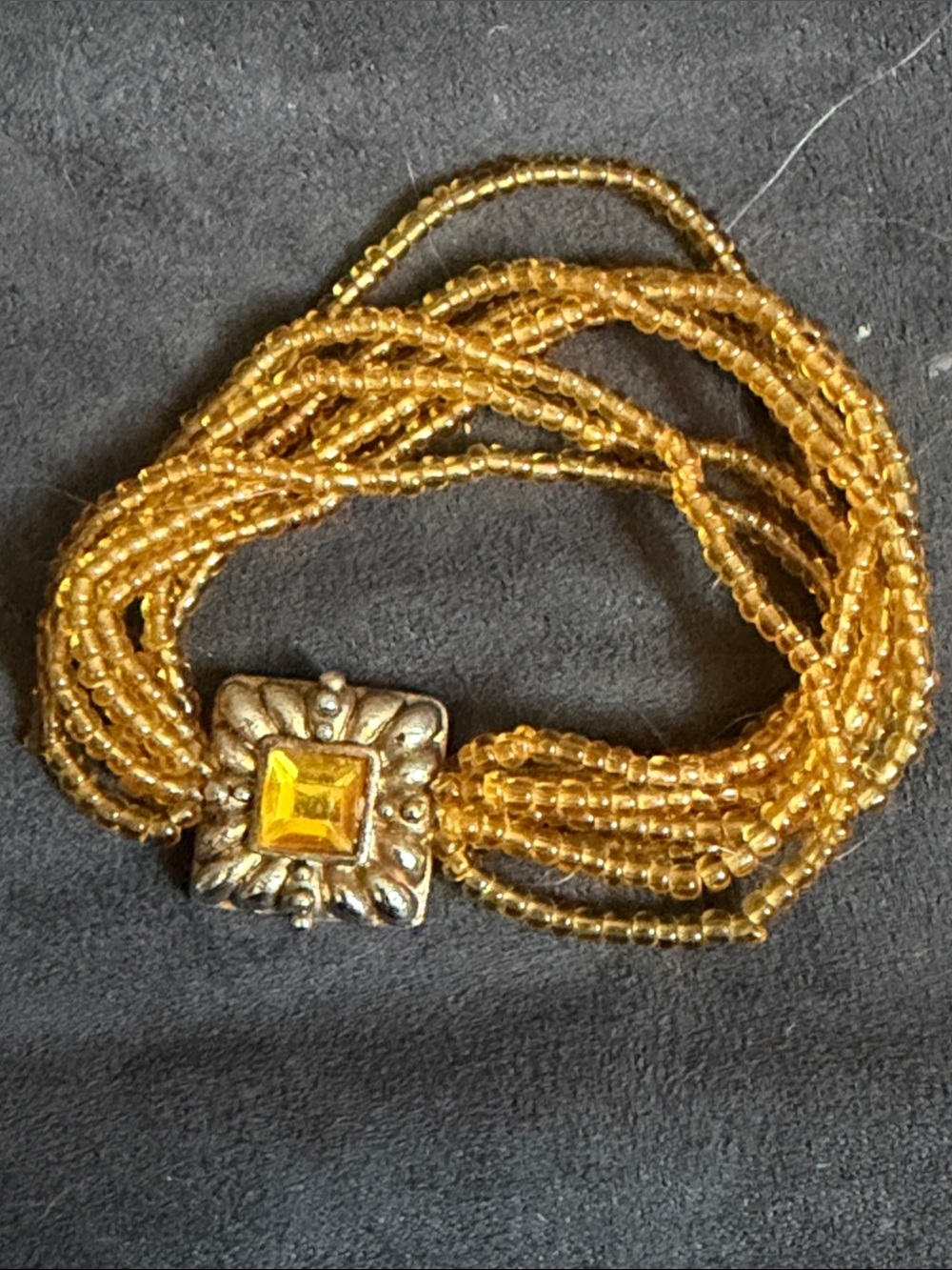 Vintage Gold seed Beaded Multi-Strand Bracelet with Square Gem Accent